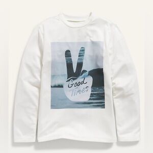 Boys XL 14-16 Old Navy White Long Sleeve Rashguard Tee Good Times Peace Sign